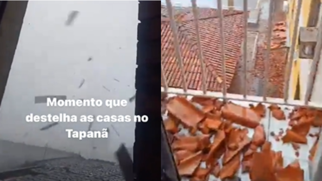Telhas laranjas espalhadas no chão da sala de uma casa com lajotas brancas.