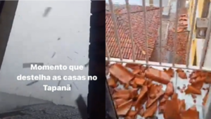Telhas laranjas espalhadas no chão da sala de uma casa com lajotas brancas.