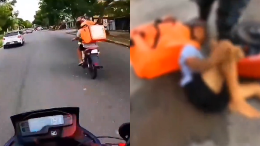 Homem sendo perseguido em uma moto com uma mochila laranja
