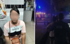 Mulher de blusa rosa sendo conduzida pela polícia para fora de uma casa de shows