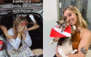 Mulher loira com um gato na colo