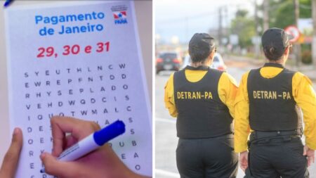 Montagem de uma caça palavras ao lado de duas servidores do Detran PM, com roupa preta e amarela