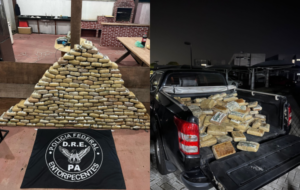 Imagem mostra vários tabletes de supermaconha no chão e em cima de um carro