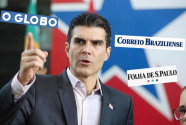 Governado do Pará cercado de imagem de veículos de imprensa