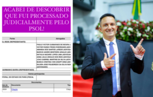 Deputado Rogério barra ao lado de um processo judicial