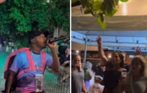 Entregador de aplicativo com mochila de entrega nas costas cantando pagode em Belém