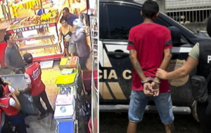 Homem de blusa vermelha sendo preso por uma policial
