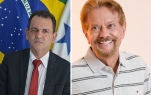 Dois políticos de Xinguara, um com paletó e gravata vermelha e outro ruivo com uma camisa polo. Ambos tem aparência de de 50 à 60 anos