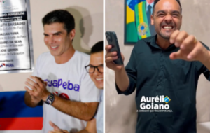 Governador Helder Barbalho de blusa branca sorrindo e vereador Aurélio Goiano, de preto, imitando uma onça