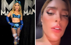 Cantora Manu Bahtidão com uma roupa azul antes de um show em Santa Inês