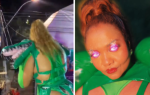 Cantora com uma roupa verde em cima de um trio elétrico