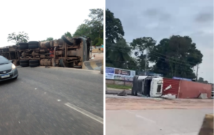 Carreta tombada em uma via movimentada da Região Metropolitana de Belém.