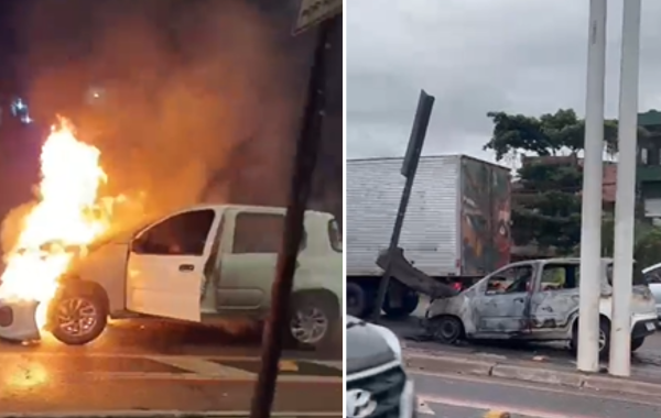 Carro pegando fogo em uma avenida de Belém