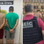 Dois homens, um de verde e outro de creme sendo presos pela Polícia Civil