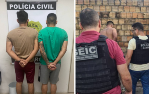 Dois homens, um de verde e outro de creme sendo presos pela Polícia Civil
