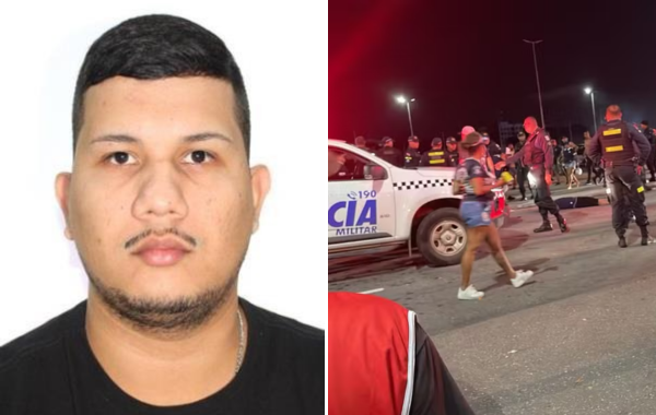 De um lado a foto do torcedor que morreu após o clássico Re-Pa e de outro viaturas da polícia no estacionamento do Estádio Mangueirão.