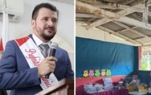 De um lado o prefeito de Irituia, Marcos Tonheiro (MDB) e de outro uma escola em condições precárias.