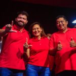 Miro Sanova, Dilvanda Faro e Beto Faro durante o lançamento da pré-candidatura em Ananindeua.