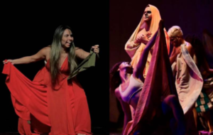Ator e atriz em apresentação no teatro.