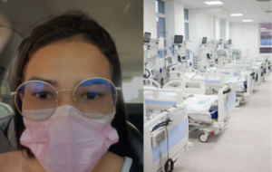 Neta da paciente e foto com vários leitos hospitalares vazios.