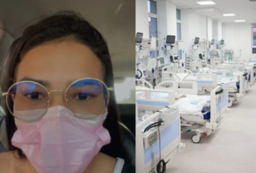 Neta da paciente e foto com vários leitos hospitalares vazios.