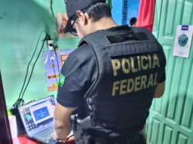 Policial Federal investigando um computador.