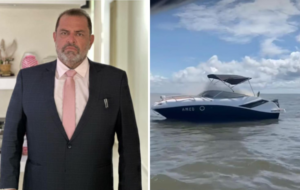 Empresário e lancha pegando fogo