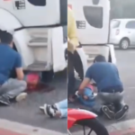 Homem fazendo os primeiros socorros em um vítima que foi arrastada por um caminhão.