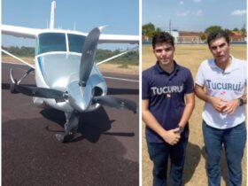 Helder Barbalho e Helder filho após pouso forçado em Tucuruí após avião apresentar instabilidade