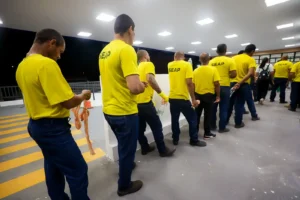 Grupo de internos da SEAP, em Marabá, se organiza para atuar em serviços urbanos. Eles usam uniformes amarelos e aguardam em fila, segurando ferramentas de trabalho.