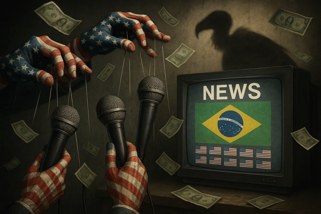 Imagem que retrata a submissão e alinhamento da imprensa brasileira aos interesses dos EUA.
