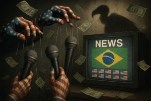 Imagem que retrata a submissão e alinhamento da imprensa brasileira aos interesses dos EUA.