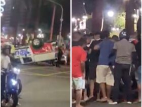 Viatura da PM capota após perseguição a criminosos na Nova Doca
