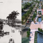 Registro histórico de Belém no período do ciclo da borracha, com ruas amplas, arquitetura europeia e fluxo portuário intenso.