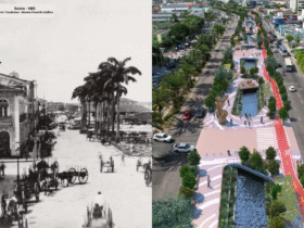 Registro histórico de Belém no período do ciclo da borracha, com ruas amplas, arquitetura europeia e fluxo portuário intenso.