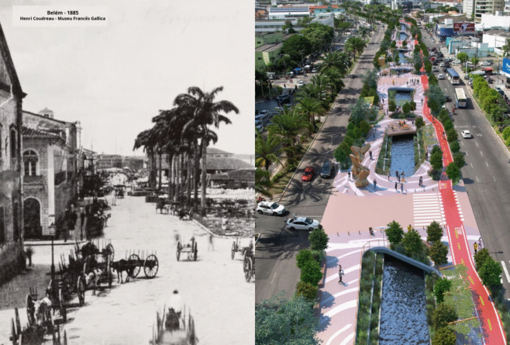 Registro histórico de Belém no período do ciclo da borracha, com ruas amplas, arquitetura europeia e fluxo portuário intenso.