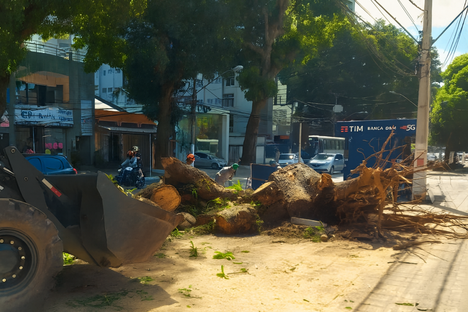 Operários removem restos de uma árvore derrubada por segurança, enquanto o trânsito segue ao redor na área urbana.