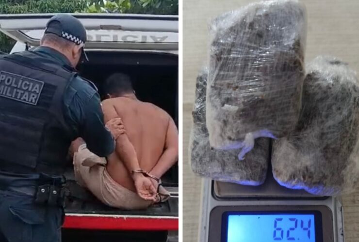 Homem preso pela Polícia Militar, sem blusa, apenas de bermuda, dentro do camburão policial