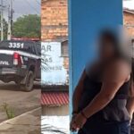 Viatura da polícia civil. Na imagem à direita, mulher sendo levada por policiais