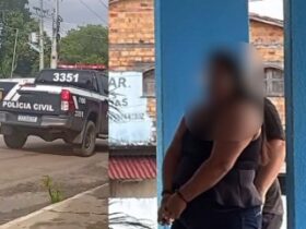 Viatura da polícia civil. Na imagem à direita, mulher sendo levada por policiais