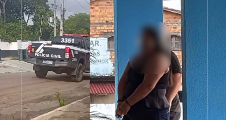 Viatura da polícia civil. Na imagem à direita, mulher sendo levada por policiais