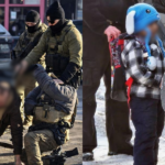 Duas imagens mostram diferentes ações do ICE; a primeira mostra agentes apompando a arma para a cabeça de um civil e a segunda mostra os agented detendo uma criança de 6 anos como "isca" para atrair os pais imigrantes