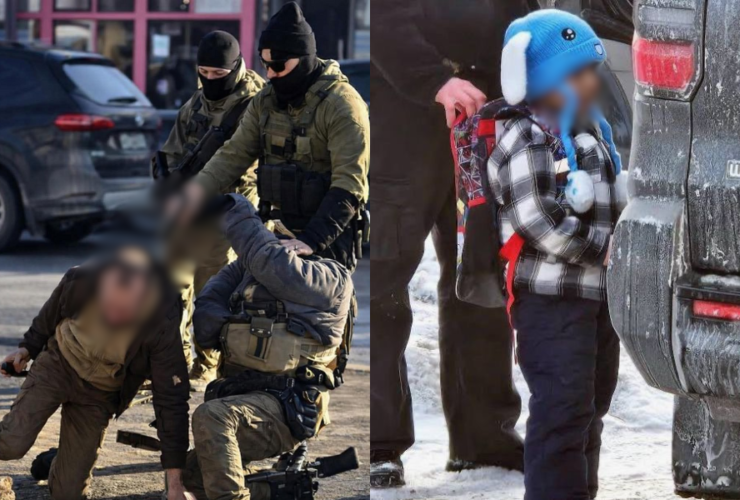 Duas imagens mostram diferentes ações do ICE; a primeira mostra agentes apompando a arma para a cabeça de um civil e a segunda mostra os agented detendo uma criança de 6 anos como "isca" para atrair os pais imigrantes