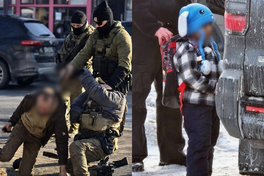 Duas imagens mostram diferentes ações do ICE; a primeira mostra agentes apompando a arma para a cabeça de um civil e a segunda mostra os agented detendo uma criança de 6 anos como "isca" para atrair os pais imigrantes