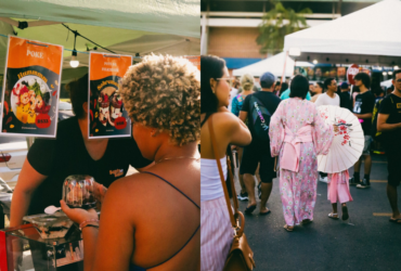 Duas imagens mostram a movimentação da feira japa, com venda de comidas típicas e pessoas utilizando trajes tradicionais.