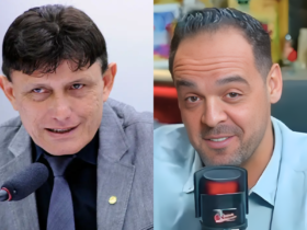 Imagem dividida. De um lado, aparece o deputado Eder Maruo. Do outro, o prefeito Aurélio Goiano.