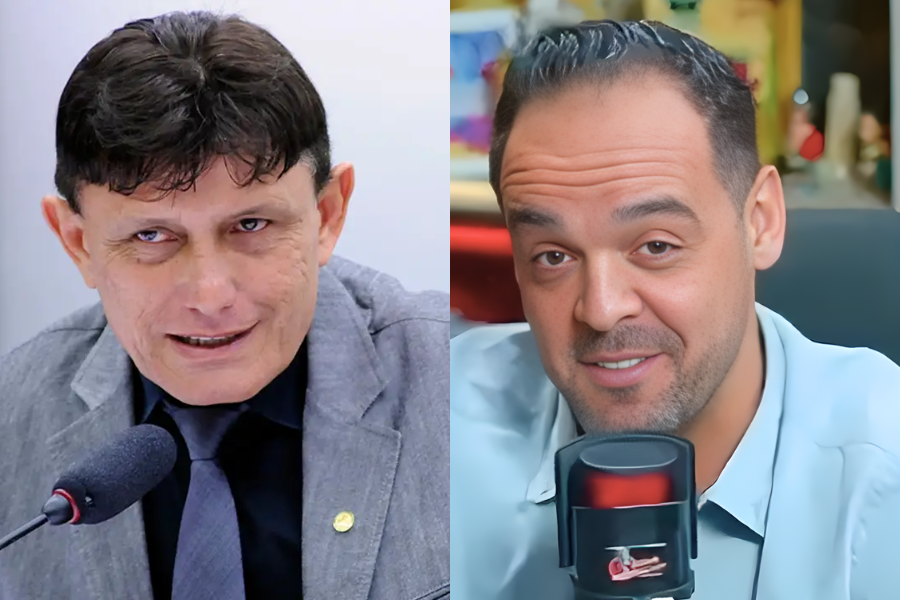 Imagem dividida. De um lado, aparece o deputado Eder Maruo. Do outro, o prefeito Aurélio Goiano.