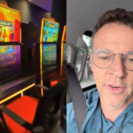 Imagem dividida ao meio. De uma lado, uma cassino. Do outro, Eduardo Moreira