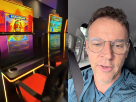 Imagem dividida ao meio. De uma lado, uma cassino. Do outro, Eduardo Moreira