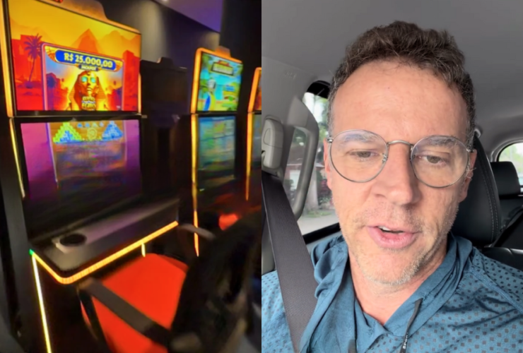 Imagem dividida ao meio. De uma lado, uma cassino. Do outro, Eduardo Moreira